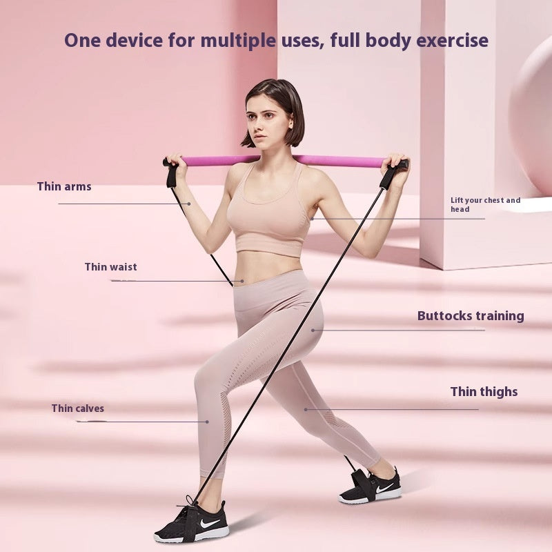 Woman exercising with resistance bands on a pink background