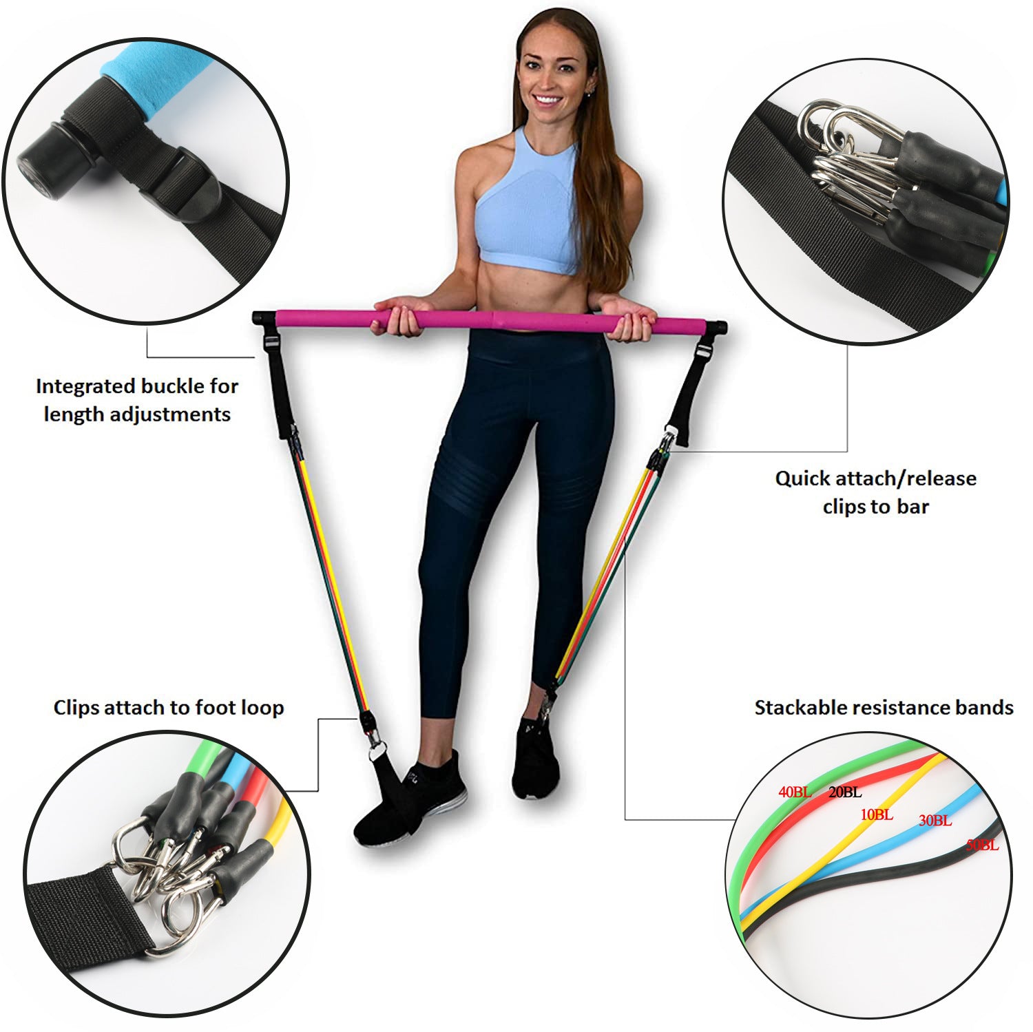 Portable Yoga Pilates Bar with Resistance Bands
